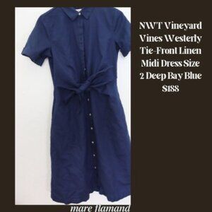 NWT Vineyard Vines Westerly Tie-Front Linen Midi Dress Size 2 Deep Bay Blue